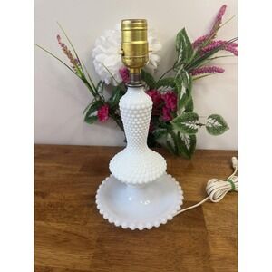 Vintage‎ Hobnail Milk Glass Table Lamp – White Beaded Edge Pedestal Base MCM